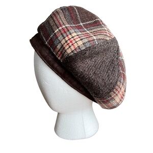 Brown Plaid Patchwork Beret Unisex Adjustable One Size